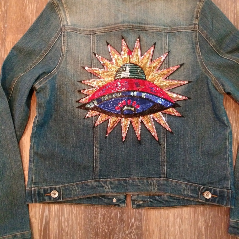 Denim Jacket Embellished With Sequin Patch Added - image 1